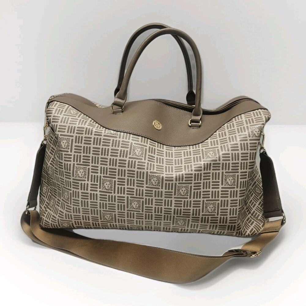 Anne Klein Weekend Bag Brown Gold Tone Lion Logo Tote 16x9x9 Duffle Bag Travel